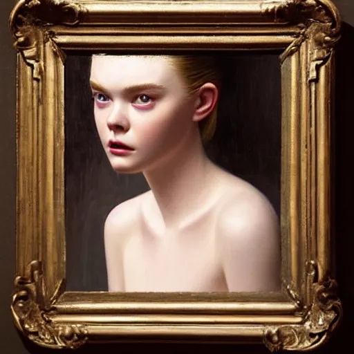 Image similar to Elle Fanning’s face against the mirror, head and shoulders portrait, stormy weather, extremely detailed masterpiece, oil on canvas, low-key neon lighting, artstation, Blade Runner 2049, Roger Deakin’s cinematography, by J. C. Leyendecker and Peter Paul Rubens and Edward Hopper and Michael Sowa,