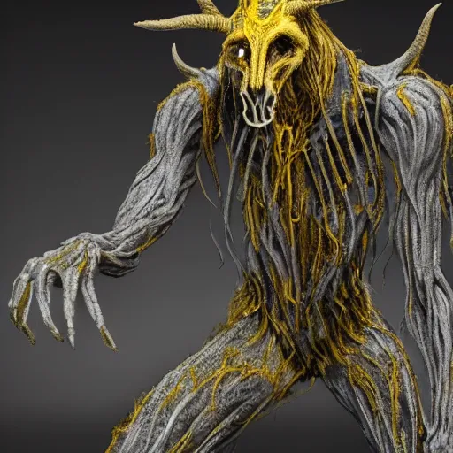 Prompt: a humanoid fantasy species with leathery gray skin, a wiry build, lanky arms, claws, four-fingered hands, two sleek horns, a long snout, yellow eyes, and fangs