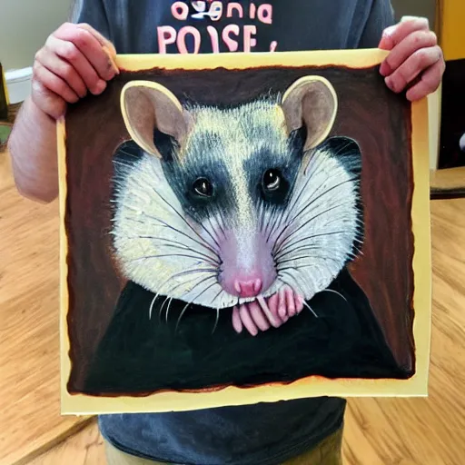 Prompt: an opossum holds up the finger painting he did, hd digital photography