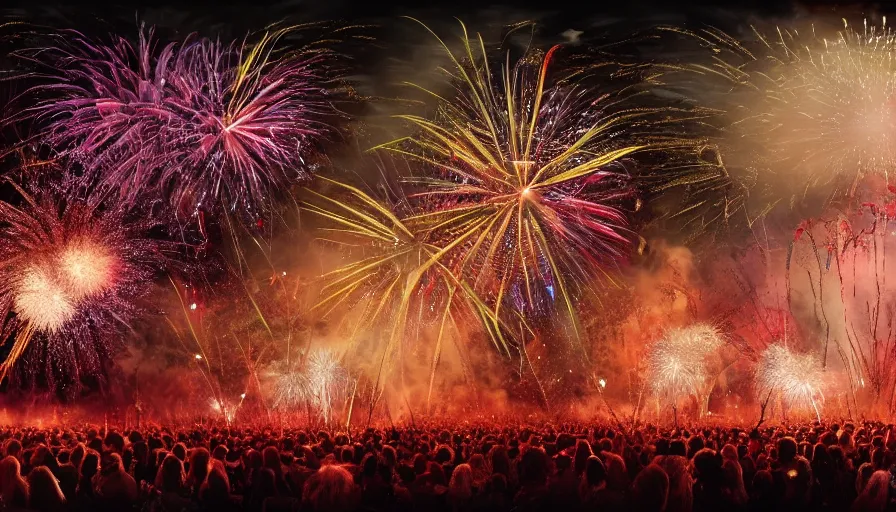 Prompt: Fireworks in Brussels with people celebrating, hyperdetailed, artstation, cgsociety, 8k