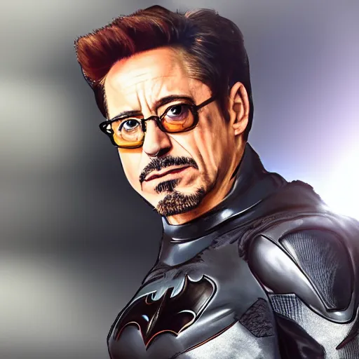 Prompt: robert downey jr in batman suit, portrait hd, without helmets, clear face, 4 k