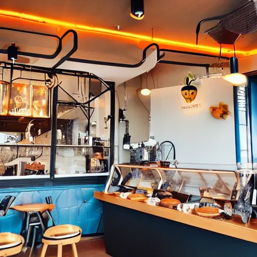 Prompt: an intergalactic café in outer space that serves coffee and pastries to customers. The warm and inviting smell of pumpkin bread fills the space. There is a nice ambiance and inviting setting to the room.