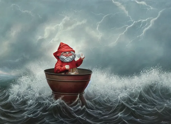 Image similar to a terrified garden gnome sailing in a bucket, background of raging ocean on a stormy day with dramatic clouds, an ultrafine detailed painting by mark ryden, trending on deviantart, pop surrealism, whimsical, lowbrow, rainy, perfect symmetrical face