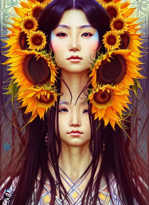 Prompt: portrait of a beautiful cyberpunk geishan woman with chin lenght hair, beautiful symmetrical face, sunflowers, matsuri festival. fantasy, regal, by stanley artgerm lau, greg rutkowski, thomas kindkade, alphonse mucha, loish, norman rockwell.