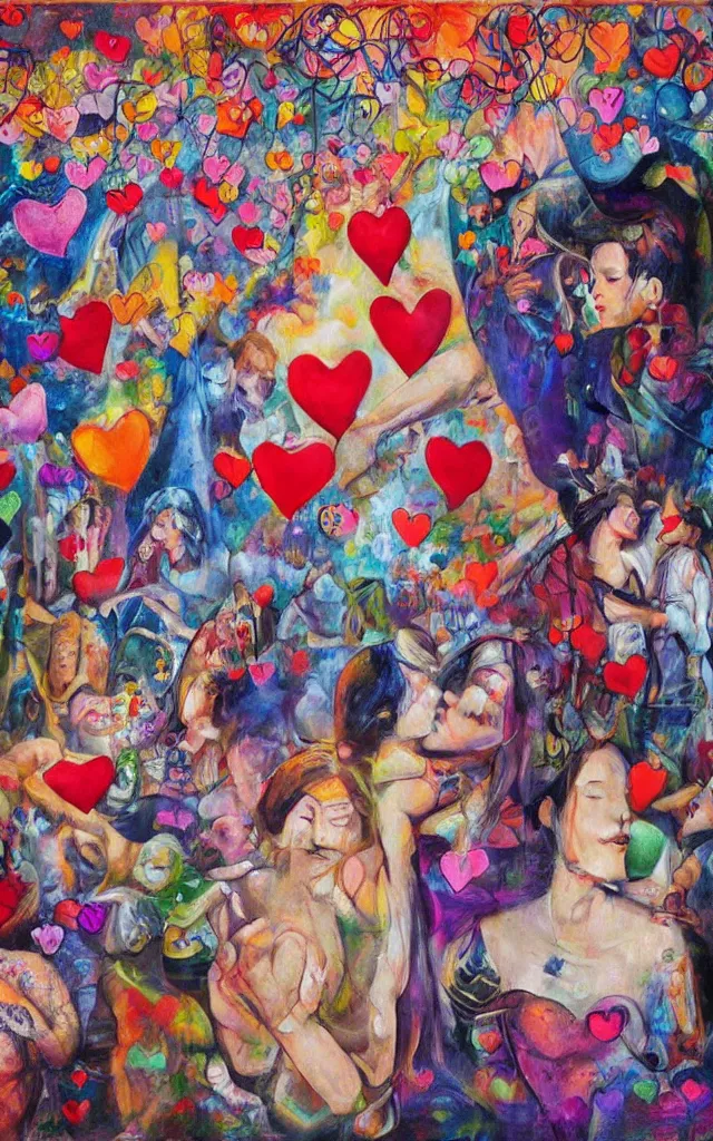 Image similar to social encounters, depictions of the scene and free love hangs - al fresco, postmodern painting, summer of love, hearts sensuous, abstracted, highly detailed, hd