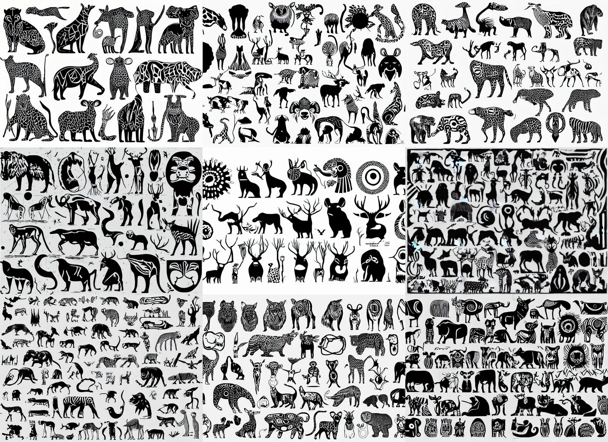 Prompt: animals aboriginal clean shapes by bauhaus, tribal, sprite sheet, b & w, vector