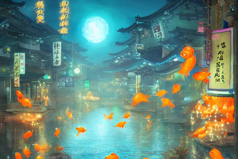 Prompt: fantasy art of glowing goldfish swimming in the air, in the streets of a japanese town at night, with people watching in wonder, by fenghua zhong, highly detailed digital art, trending on artstation