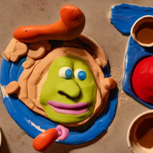 Image similar to claymation, pancake breakfast made of clay