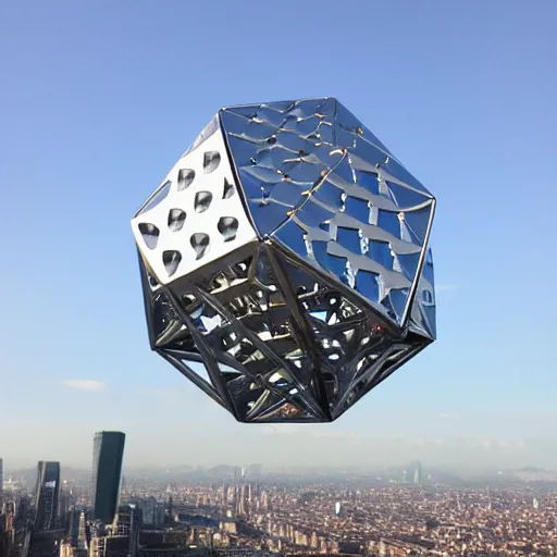 Image similar to ( very very large ) chrome dodecahedron! floating over a modern city