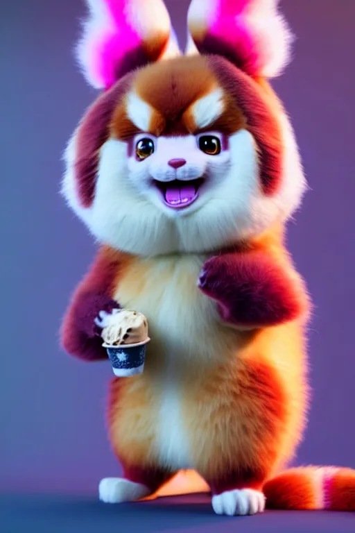 Prompt: high quality 3 d render hyperrealist very cute pastel fluffy! grumpy dragon red panda hybrid eating giant ice cream full body, vray smooth, in the style of detective pikachu, hannah yata charlie immer, dramatic pink light, low angle, uhd 8 k, sharp focus