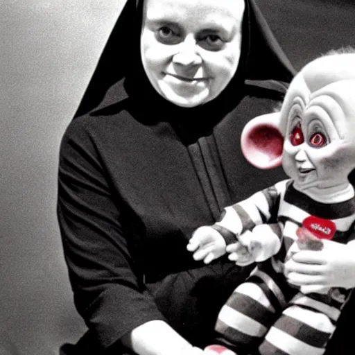 Image similar to a nun in church holding chucky the killer doll on her lap