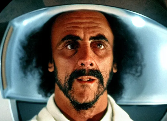 Prompt: film still of young old Tommy Chong as Dr. Dave Bowman in 2001 A Space Odyssey