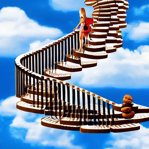 Image similar to a girl walking up an infinity staircase made of cookies in the clouds, digital art