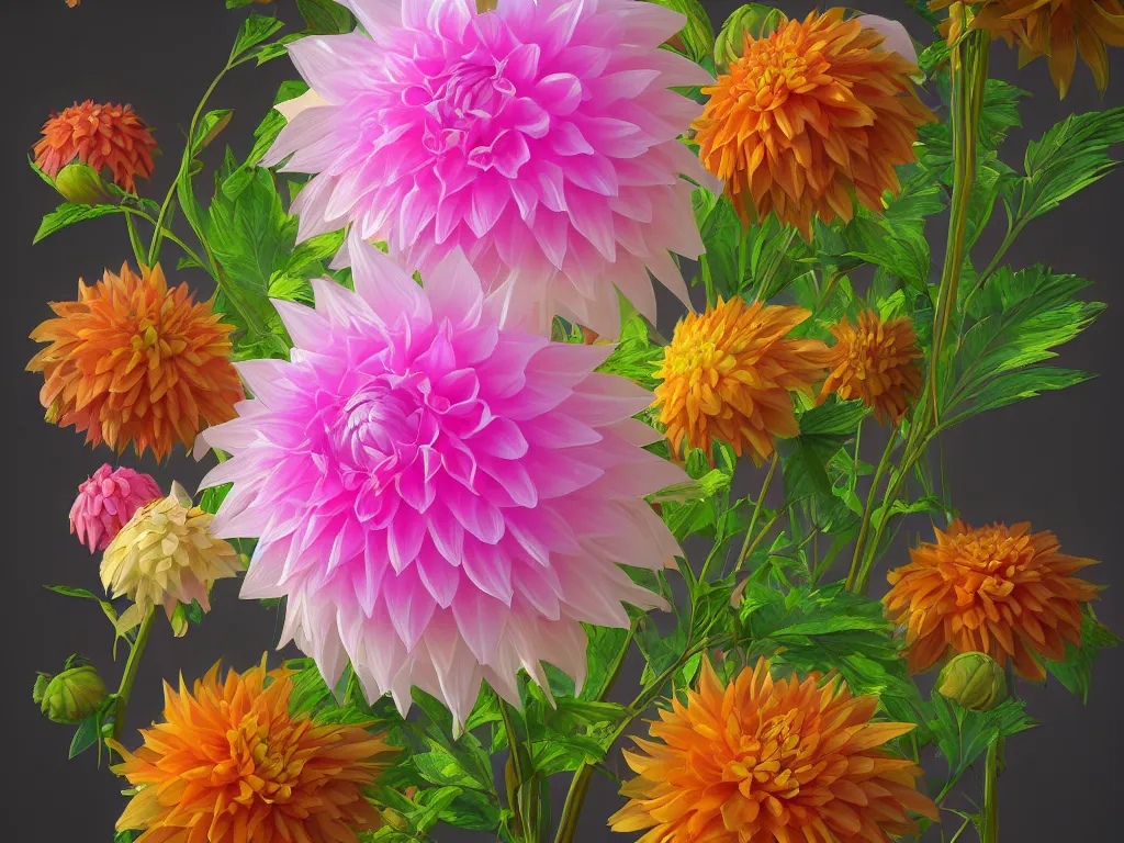 Image similar to 3d render of an opalescent dahlia, Sunlight Study, by Jan Davidsz de Heem and (((((Lisa Frank))))), Art Nouveau, 8k, extreme detail, sharp focus, octane render