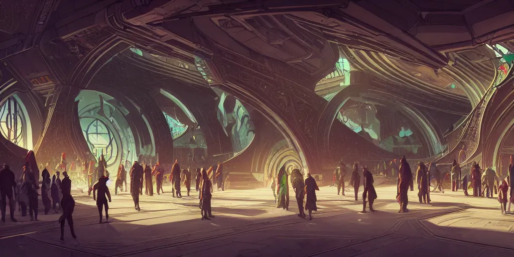 Image similar to cel shaded cinematic shot of the interior of a sci-fi space station with ornate Elven architecture bustling with people, epic castle, emerald, crystalline, detailed illustration, sharp focus, concept art