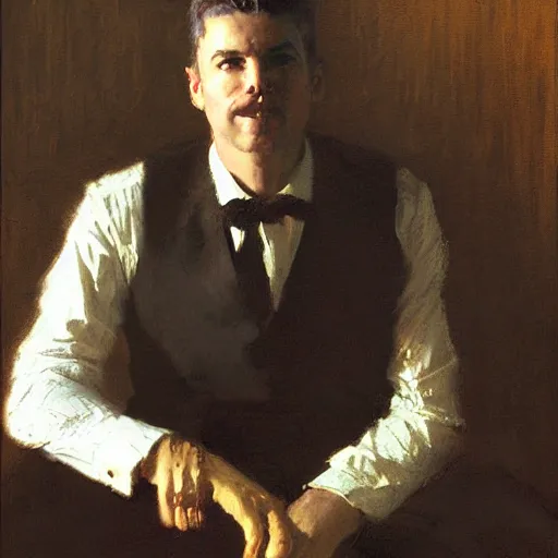 Image similar to detailed portrait of man in black suit, spring light, painting by gaston bussiere, craig mullins, j. c. leyendecker