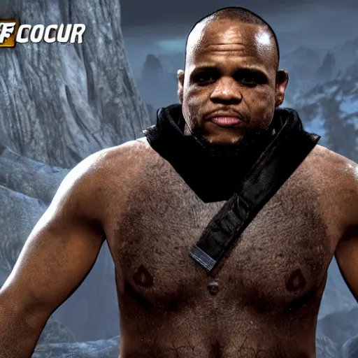 Image similar to character screenshot of ufc commentator daniel cormier dc in skyrim, npc talking, wilderness, 1 0 8 0 p, bokeh, elder scrolls v, detailed, dialog text