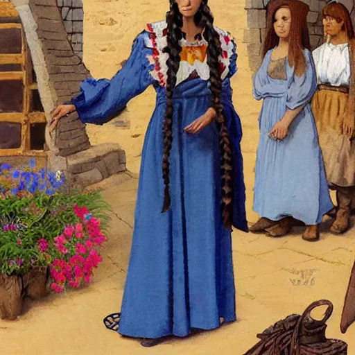 Prompt: A beautiful young woman, long black braided hair, light skin color and blue eyes in a simple but beautiful blue medieval dress with a brown flower embroided cape and a satchet, looking at various goods at a market, she is a healer and a serious person, Johannes Vemeer, Frank Frazetta, mtg, digital illustration