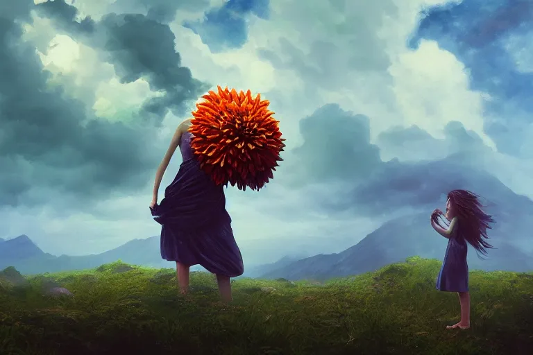 Image similar to face covered giant dahlia flower, girl on mountain, surreal photography, blue storm clouds, dramatic light, impressionist painting, digital painting, artstation, simon stalenhag