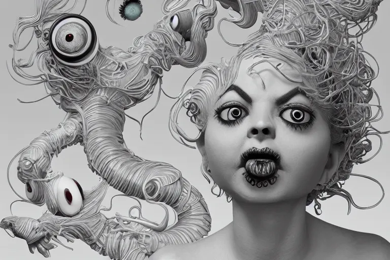 Image similar to 3 d full head and shoulders beautiful white porcelain woman with big eyeballs all through her hair, ornate detailed hair, 3 d swirling hair by theodor seuss geisel and daniel arsham and xiang duan, simon stalenhag john waters, dr seuss kim jung gi, on a white background