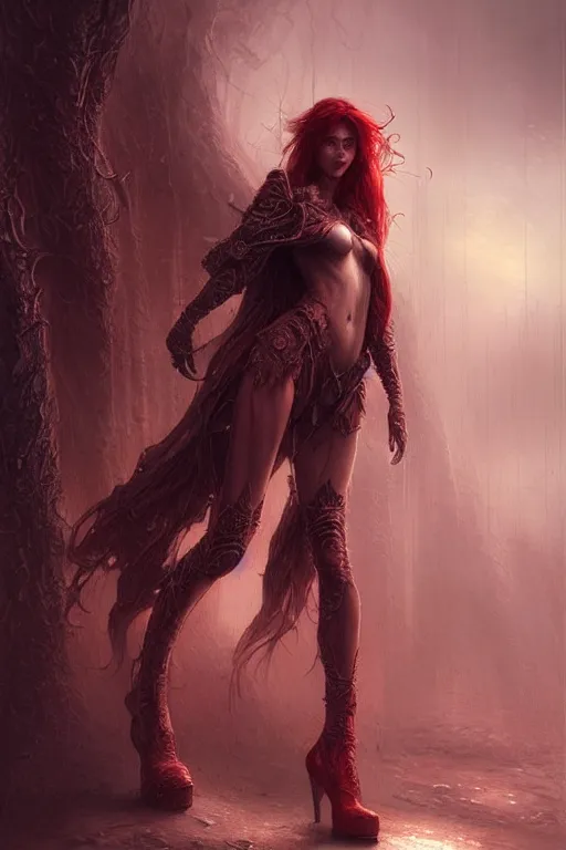 Image similar to red women's boots shoes only, by wlop, by luis royo, by peter mohrbacher, concept art, digital illustration, intricate, masterpiece, elegant, super detailed, unreal engine rendering, smooth, sharp focus, artstation hq