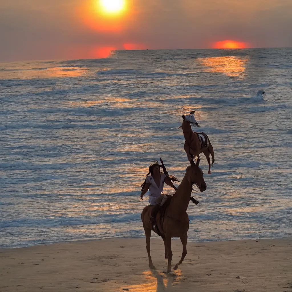 Image similar to Emin Gün Sirer riding a red horse in a white beach, sun sets, dramatic lighting, heroic exposure