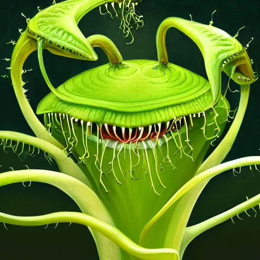 Image similar to cute anthropormorphic carniverous plants venus fly trap with big eyes and big teeth detailed painting 4 k