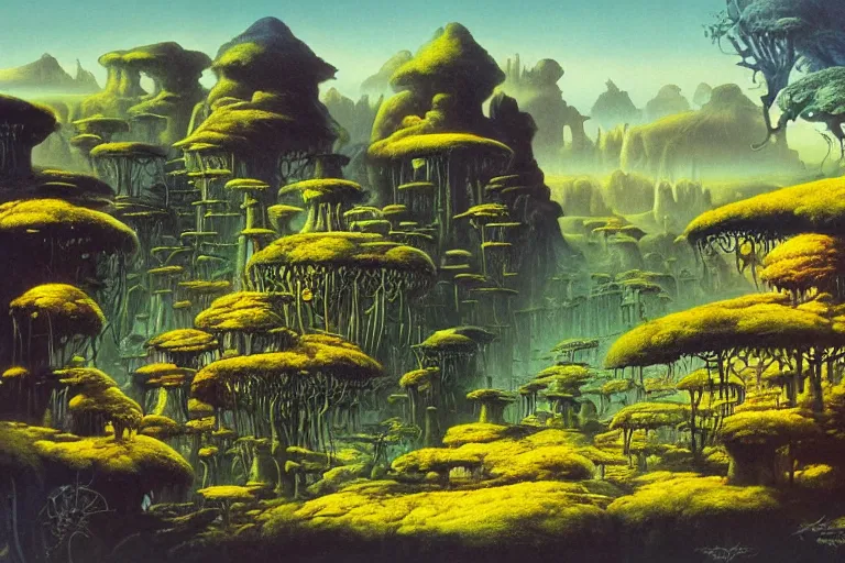 Prompt: best of all possible worlds, yellowish and orange color theme, landscape by rodney matthews