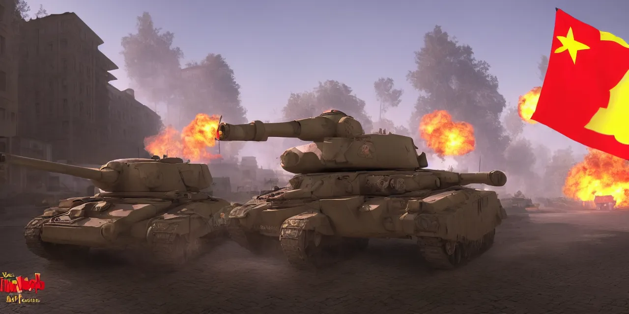 Prompt: tanks burning city, army, china, winnie the pooh, communist flag, volumetric lighting, unreal engine, realistic