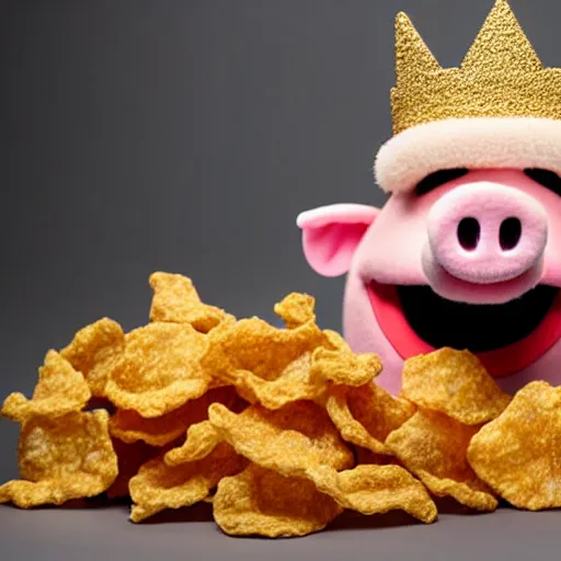 Prompt: studio photograph of a smiling pig depicted as a muppet wearing a gold crown eating pork rind snacks