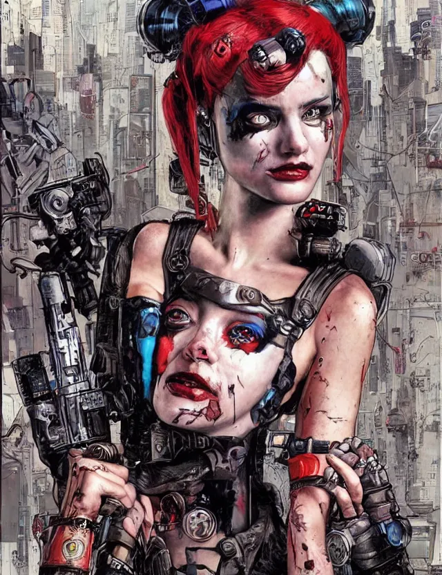 Image similar to a dream portrait of cyberpunk Harley Quinn in post apocalyptic Gotham art by Paul Dini, Travis Charest, Simon Bisley