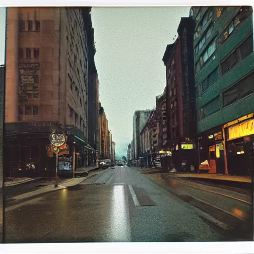 Prompt: low angle wide shot of Night Vale street in the early morning, after rain, lomography, polaroid photo, by Warhol,