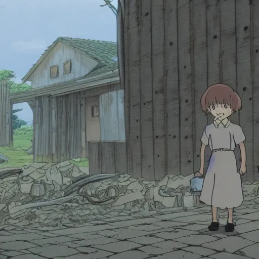 Prompt: ghost of a young girl, a burnt out village, photorealism, cel shaded, studio ghibli, hayao miyazaki