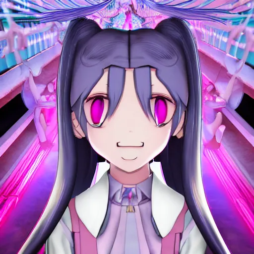 Image similar to trapped by stunningly beautiful omnipotent megalomaniacal anime asi goddess with symmetrical perfect face and porcelain skin, pink twintail hair and cyan eyes, taking control while smiling, inside her surreal vr castle, hyperdetailed, digital art from danganronpa, unreal engine 5, 2 d anime style, 8 k