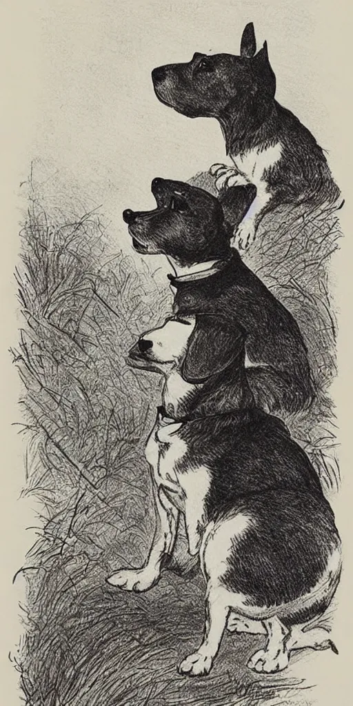 Image similar to jack russel dog looking up, silhouette, highly detailed illustrated by peggy fortnum and beatrix potter and sir john tenniel