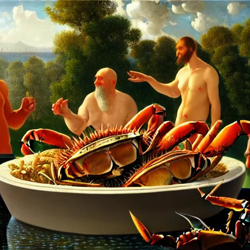 Image similar to crabs and humans in a bowl!!!!!!!!! by Lajos Berán, Albert Bierstadt, Robert Henderson Blyth, Claude Bonin-Pissarro, Sandro Botticelli, unreal Engine Fantasy Illustration. award winning, Artstation, Hyperdetailed, 8k resolution