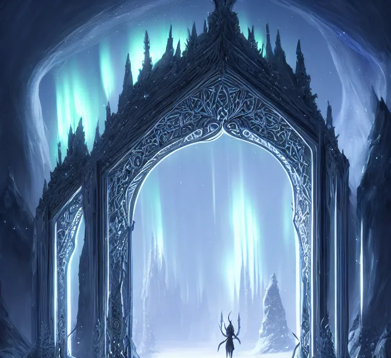 Image similar to a very detailed concept art of intricate and elven white gates to aurora borealis infused with magic, dynamic lighting trending on artstation, symmetry, digital art, 4 k, hyper realistic, octane render, sharp focus