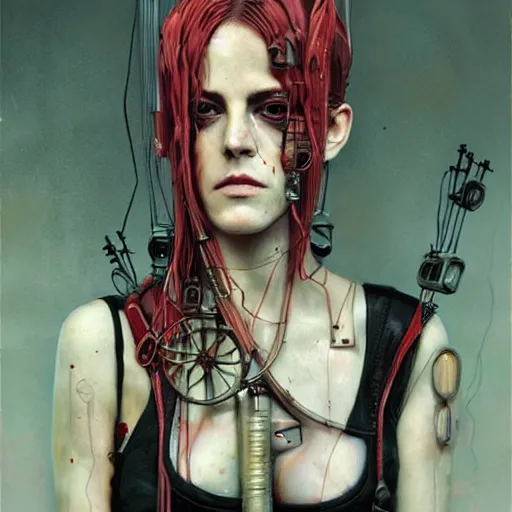 Prompt: riley keough as a cyberpunk assassin. wires cybernetic implants, steelpunk, abandoned steelworks, grime and grunge, in the style of adrian ghenie, esao andrews, jenny saville,, surrealism, dark art by james jean, takato yamamoto