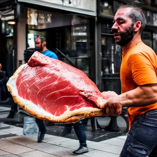 Image similar to A street fight between a human sized tuna and a pizzaiolo with four arms, street photography