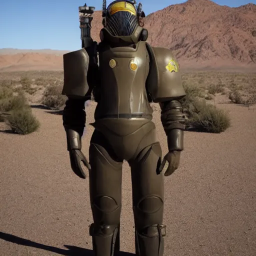 Prompt: award winning photograph of barack obama wearing fallout t - 5 1 b power armor in the mojave desert