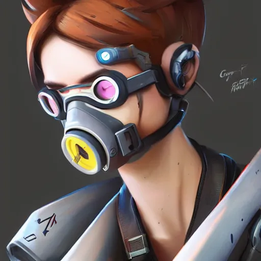 Image similar to overwatch tracer wearing a cyber gas mask, digital art, pretty face, very beautiful face, very detailed eyes, ultra detailed, by woop, greg rutkowski,