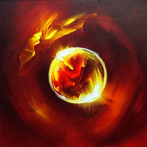 Image similar to soap bubble with fireball inside, oil painting