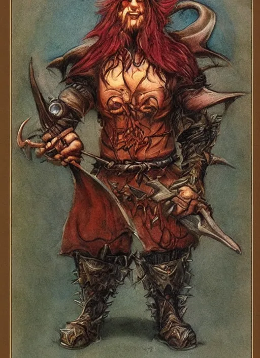 Image similar to portrait of dwarvern wizard, beautiful! coherent! dungeons and dragons character, by brian froud, strong line, deep color, leather armor, short red hair, high contrast