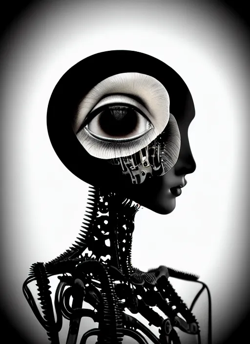 Prompt: black and white dreamy foggy profile face portrait, one steampunk eye biomechanical beautiful young female cyclope - cyborg - robot bust, body ribs meshes,, volumetric light, hibiscus flowers, by hg giger, rim light, by dora maar and cecile beaton, big gothic fashion pearl embroidered collar, 8 k