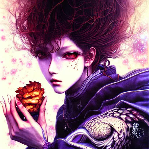 Image similar to a fried chiken, an ultrafine detailed painting by ayami kojima, cgsociety, fantasy, anime digital art, lovecraftian, cosmic horror, detailed painting