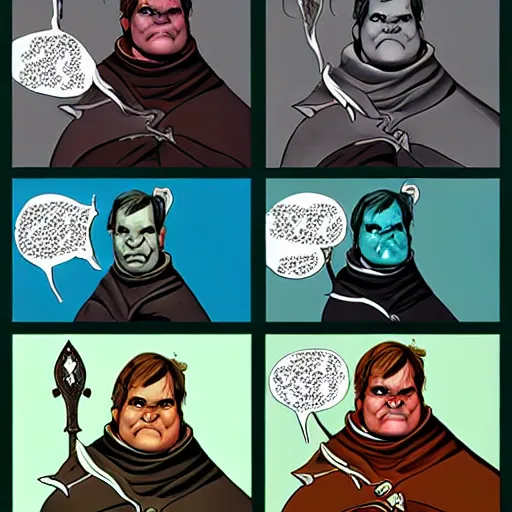 Prompt: a fantasy comic - style full portrait of a friar who looks like chris farley, digital illustration by ken taylor and sana takeda and jenny frison, character design, concept art, fine inking lines, vivid colors, dnd, highly detailed!, hd, 4 k, trending on artstation