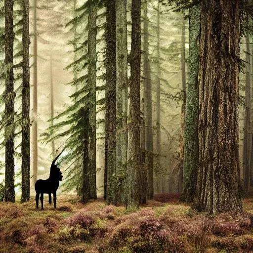 Image similar to a depressed unicorn standing next to a spruce forest, high resolution photograph