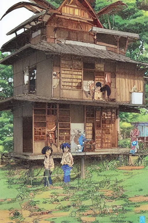 Image similar to beautiful anime illustration of a rural philippines home, by moebius, masamune shirow and katsuhiro otomo