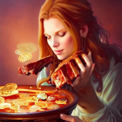 Image similar to Michelle Pfieffer Eating BBQ Ribs, dripping BBQ Sauce, D&D, fantasy, intricate, elegant, highly detailed, digital painting, artstation, concept art, matte, sharp focus, illustration, hearthstone, art by Artgerm and Greg Rutkowski and Alphonse Mucha