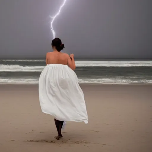 Image similar to lonely wonderful lady with a white large magnificent more and more vaporous ,wrapped ,hight decorated,detailed ,white roses cotton dress is moving in the sand near the ocean, during lightning storm, her face is visible , 8k